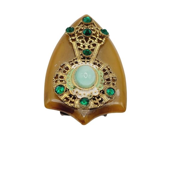 Antique Art Deco Bakelite Enamel & Glass Czech Decorative Dress Clip (A364) - Picture 2 of 5